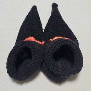 Hand Knit Black Footie Slippers Booties Teen Adult Cozy Warm House Shoes 1980s